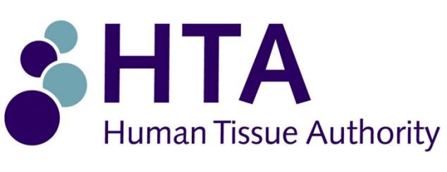 The image shows a logo with HTA letters in purple and four small circles next to them, with a line underneath saying Human Tissue Authority. 
