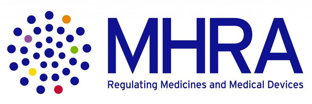 The image shows the logo for the organisation MHRA. The letters are written in purple with a colourful circular pattern of dots next to it. Under the letters MHRA there is a sentence reading Regulating Medicines and Medical Devices.  