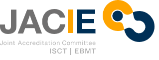 The image shows a logo with the letters JACIE with two circular shapes next to it in navy blue and yellow. Underneath is the name Joint Accreditation Committee and the letters ISCT and EBMT.   