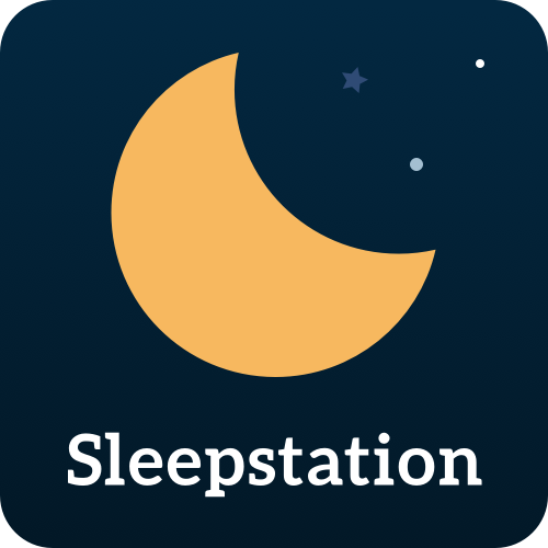 The image shows the Sleepstation logo,  a yellow three quarter moon in a dark sky with some stars around it. It says Sleepstation underneath.  