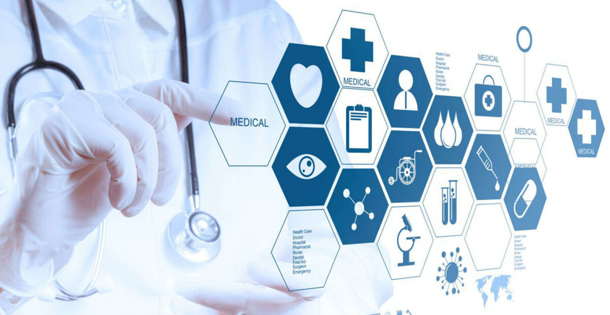 A scientist stood pressing a hexagon which is part of an infographic showing science themed symbols.