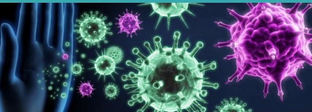 Virus particles moving from a hand in pink and green colours.