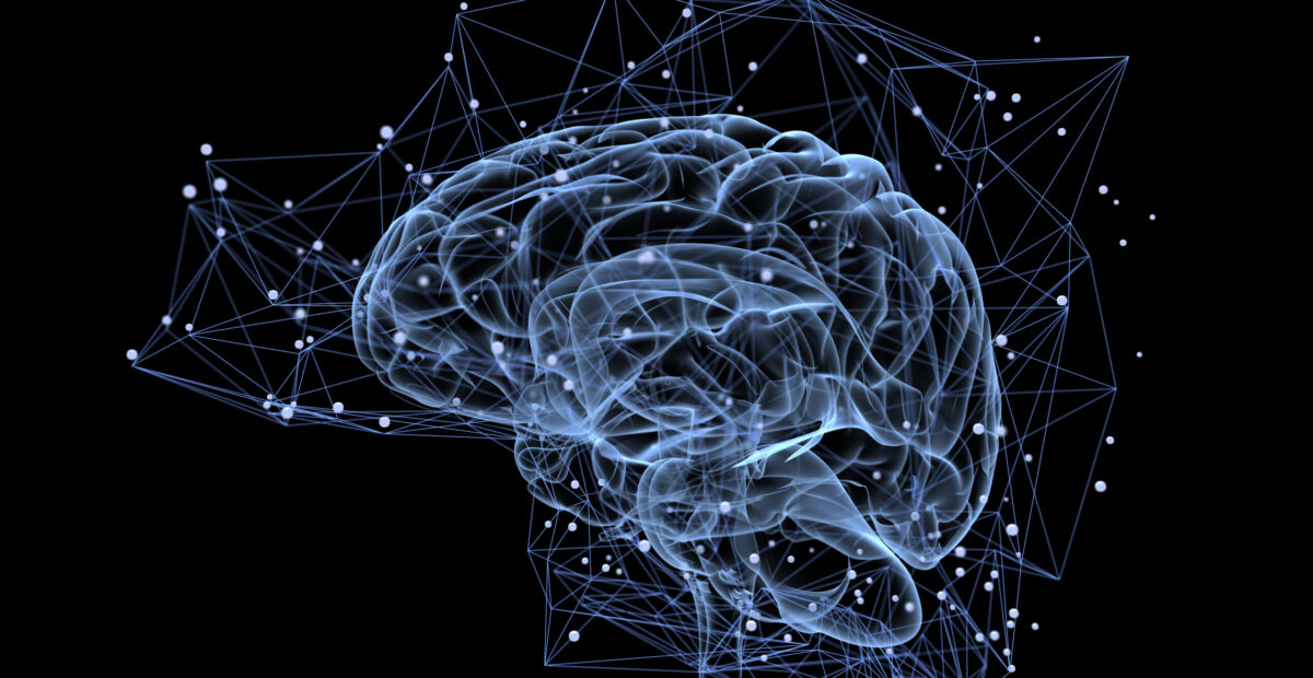 Brain neurons connected in a web-like structure surrounding a brain.
