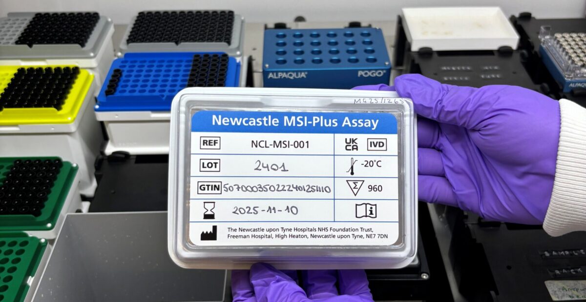 The MSI kit with the liquid handler. There is a label placed on top with all the necessary information detailed.