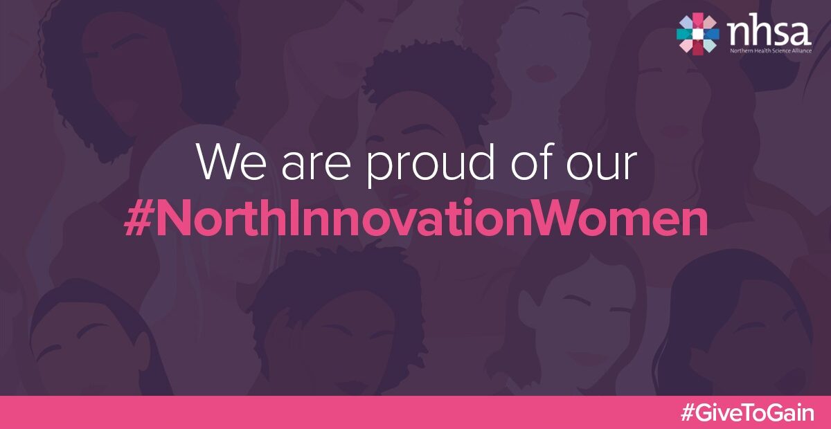 Purple infographic saying 'we are proud of our #north innovation women in white and pink text