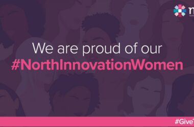 Purple infographic saying 'we are proud of our #north innovation women in white and pink text