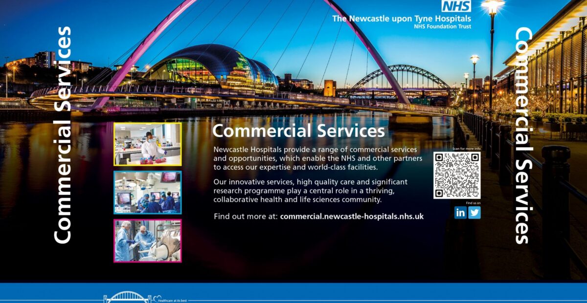 The commercial services description with a QR code with an image of Newcastle Quayside in the evening in the background.