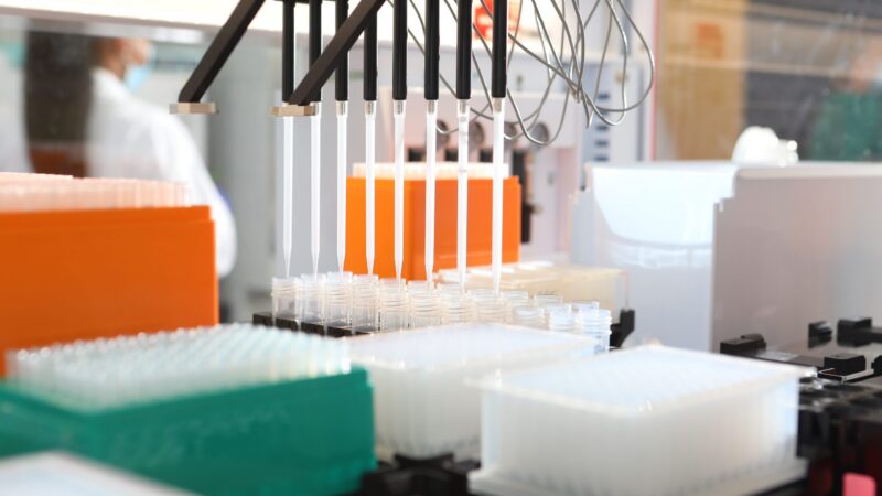 A piece of equipment carrying out a task in a medical machine in the lab.