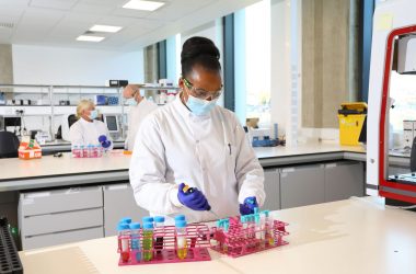 Image shows a female scientist at a work station